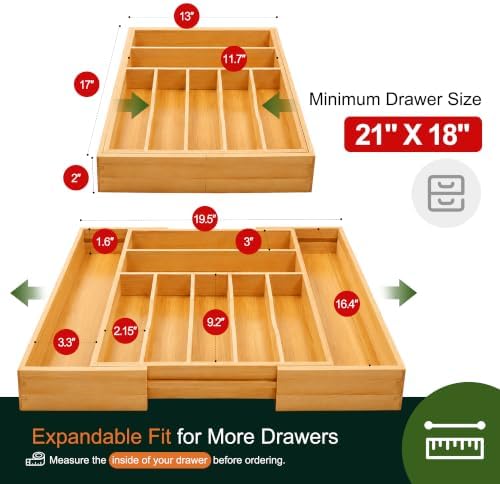 Large Premium Bamboo Silverware Organizer - Expandable Drawer Organizer & Utensil Organizer - 17"x19.7" Cutlery Tray with Dividers for Kitchen Utensils and Flatware (7-9 Slots) (Natural) - Image 2