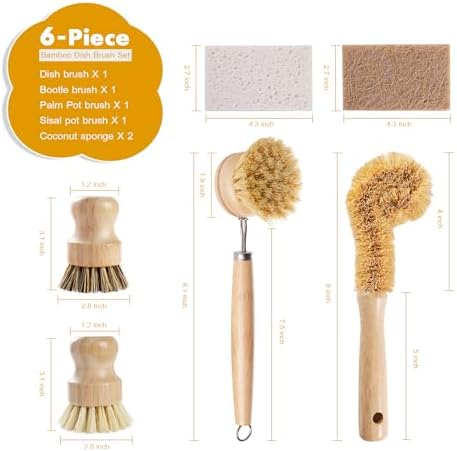 DEBETOOL 6-Piece Bamboo Dish Brush Set with Coconut Sponge - Image 2