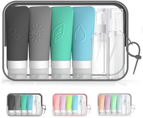 16-Piece Silicone Travel Bottles Set – TSA Approved Leakproof Toiletry Kit with Flat Easy-Squeeze Bottles, Pump & Spray, Waterproof Bag by KLKE