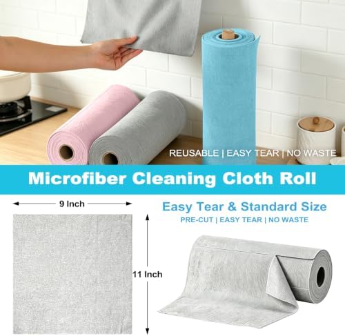 Puomue 165 Pack Microfiber Cleaning Cloth Roll, Tear Away Reusable Towels, 11" X 9", Ultra Absorbent & Lint Free Microfiber Cloth for Cleaning, Kitchen, Window (Grey＋Pink＋Blue, 11" L x 9" W) - Image 2