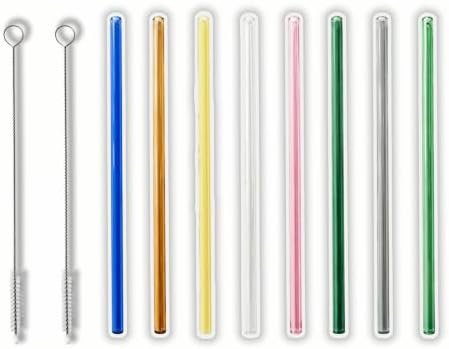 8 Pack Reusable Straight Glass Straws,8 Inch Food Grade Heat Resistant,BPA FreeLead-Free Multicolor Glass Straws for Smoothie Milkshake Juice Cocktail Tea Hot Drinks,with 2 Cleaning Brushes by Unknown