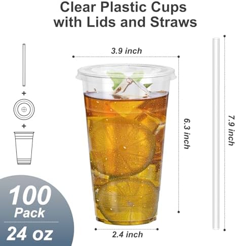 Dealusy 100 Pack - 24 oz Clear Plastic Cups with Lids and Straws - Image 2