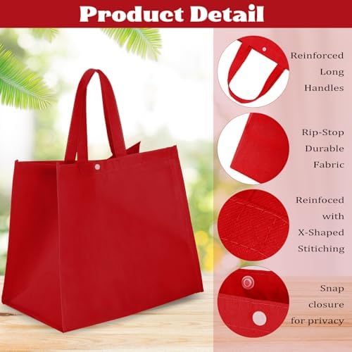 Zhehao 60 Pcs Reusable Grocery Bags Bulk Large Foldable Shopping Tote Bags Non Woven with Handle and Plastic Button(Red) - Image 4
