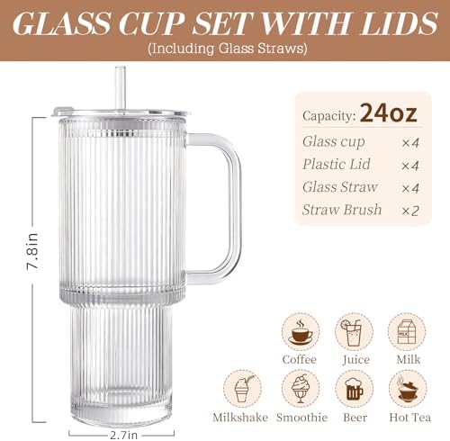 Iced Coffee Cups with Lids: Coffee Bar Accessories - Ribbed Glass Tumbler with Straw and Lid 4 Pack - 24oz Tumbler Leak Proof - Glass Cups Tumbler with Lid and Straws - Coffee Tumbler with Handle700ml - Image 2