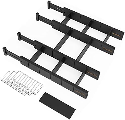 SpaceAid Bamboo Drawer Dividers with Inserts and Labels, Kitchen Adjustable Drawer Organizers, Expandable Organization for Home, Office, Dressers, 4 Dividers with 9 Inserts (17"-22" Black) by SpaceAid