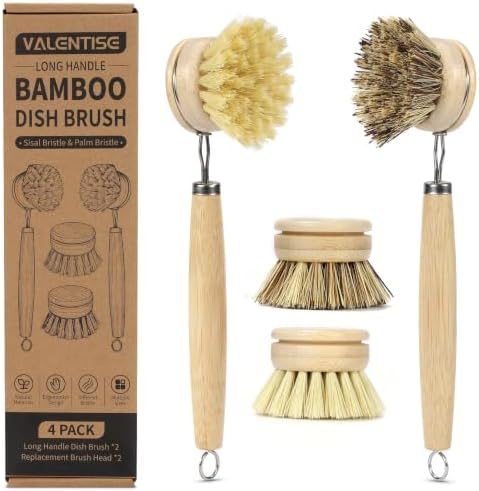 Bamboo Dish Brush with Handle, Natural Dish Brush Set Includes 2 Replacement Brush Heads, Kitchen Scrub Brush with Sisal and Palm Bristle for Cleaning Dishes, Pans and Vegetables by VALENTISE