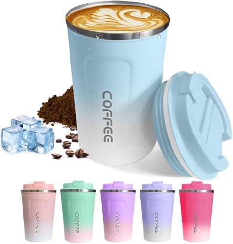 SPLMIFA Travel Coffee Mugs Leak-Proof, Reusable Coffee Cups with Lids, Stainless Steel Vacuum Insulated Coffee Tumblers, Thermal Insulation Cup for Men & Women Hot & Cold Drinks(2nd-Blue White, 12OZ) by SPLMIFA