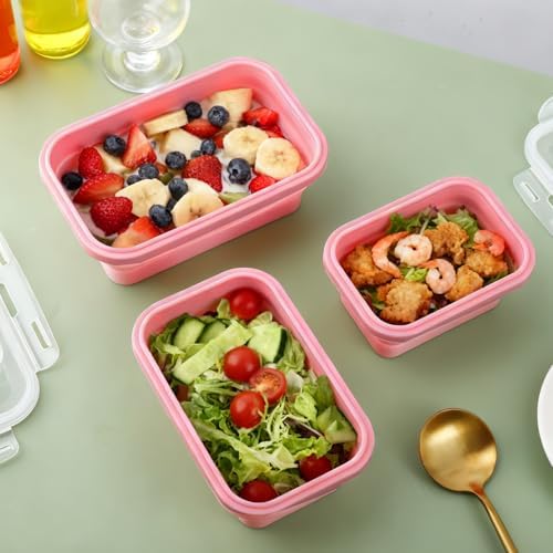 3 Pack Collapsible Silicone Food Storage Containers with Lids, Pink - Image 7