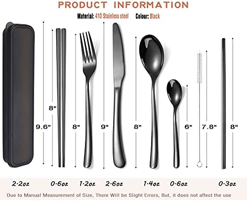 AARAINBOW 6 Pieces Stainless Steel Flatware Set Portable Reusable Cutlery Set Travel Utensils Set Including Chopsticks Knife Fork Spoon Straws Cleaning Brush Dishwasher Safe (7 Black) - Image 2