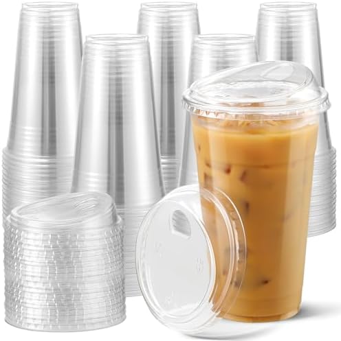AOZITA 100 Pack 24 oz Disposable Plastic Cups With Strawless Sip-Lids, Clear Plastic Iced Coffee Cups Go for Drinks, Bubble Tea, Cold Beverage - BPA Free by AOZITA