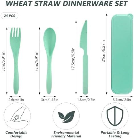 24 Sets Reusable Travel Utensils Set with Case, Wheat Straw Portable Knife Fork Spoons Cutlery, Eco-Friendly BPA Free Plastic Tableware for Kids Adults Travel Picnic Camping Utensils (8 Colors) - Image 2