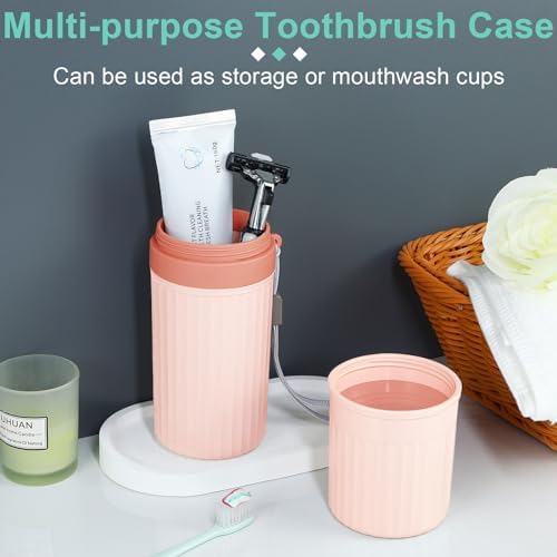 Mulbozy Travel Toothbrush Holder, Large Travel Toothbrush Cup Case, Portable Travel Toothbrush Toothpaste Makeup Storage for Business Trip Camping School - Pink - Image 2