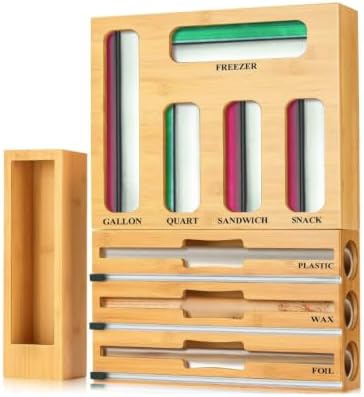 9 in 1 Bamboo Storage Bag Organizer for Kitchen Drawer, Bamboo Kitchen Drawer Organizer with Cutter, Foil and Plastic Wrap Dispenser, Ideal Storage for Gallon, Quart, Sandwich and Snack Bags by Unknown