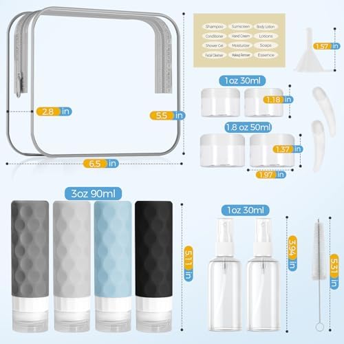 Silevoler 16pack Travel Bottles for Toiletries, TSA Approved Travel Size Containers Set, Leak Proof Refillable Liquid & Creams Toiletries Accessories Kit W/Toiletry Bag (Gray) - Image 2