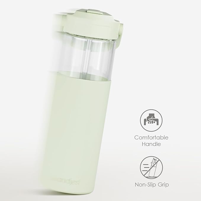 Glass Water Bottle with Silicone Sleeve and Straw Lid 20oz for Girls Women, Glass Drinking Bottles for Travel Home Gym Sports (Pistachio Mist)
