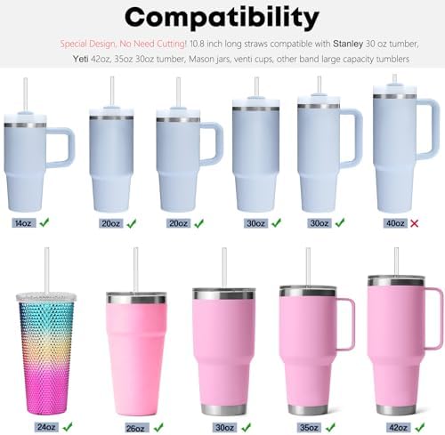 ALINK 10 Pack Reusable Clear Straws for Stanley 30 oz Tumbler, 10.8" Long Tritan Hard Plastic Straws for Yeti 42 oz 35 oz 30 oz Tumbler, Mason Jar, Starbucks - 5 Straight 5 Bent with Brush - Image 3