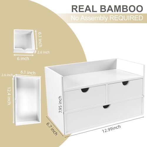 Charmewooden Bamboo Desk Organizer with 3 Drawers, Countertop Organizer with Drawers Makeup Storage Drawer 3 Drawer Tabletop Storage Organization Box Home Office Workspace（White） - Image 2