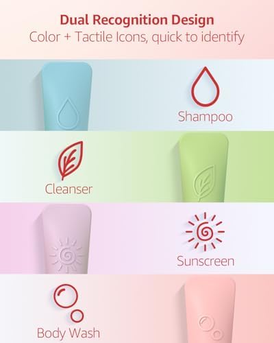 20-Piece Silicone Travel Bottles Set – TSA Approved Leakproof Toiletry Kit with Flat Easy-Squeeze Bottles, Tactile Icons, Cream Jars, Pump & Spray, Cleaning Brush - Image 4