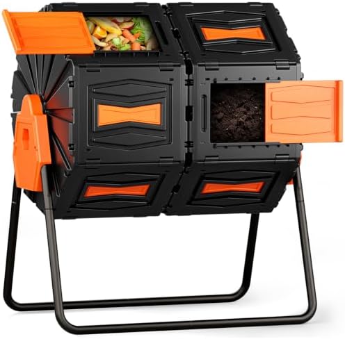 Marcytop Compost Tumbler, Easy Assemble & Efficient Outdoor Compost Bin, 45 Gallon/170 Liter Large Dual Chamber Rotating Composter for Garden, Kitchen, and Yard Waste, Orange Door by MARCYTOP