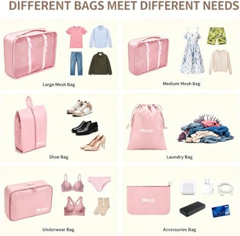 6 Set Packing Cubes, Luggage Packing Organizers for Travel Accessories, Carry on Suitcase Organizer Bags, Travel Essentials Luggage Accessories for Cruise Ship(Pink) - Image 3