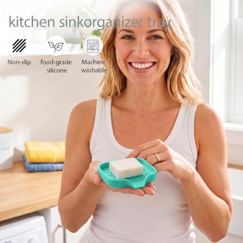 MicoYang Silicone Soap Dish with Drain Spout, Self-Draining Sink Organizer Tray for Bathroom and Kitchen, Sponges, Dispensers and Soap Holder, Non-Slip and Dishwasher Safe, Mint (Compact, 4.9"×3.2") - Image 5