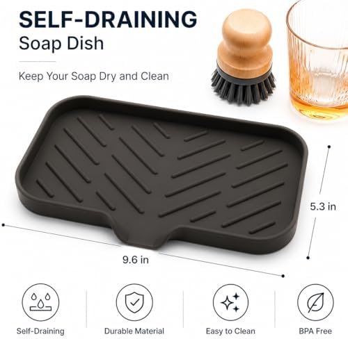 MicoYang Silicone Soap Dish with Drain Spout — Self-Draining Sink Organizer Tray for Bathroom & Kitchen, Sponges, Dispensers & Soap Holder, Non-Slip & Dishwasher Safe, Coffee (Medium, 9.6"×5.3") - Image 2