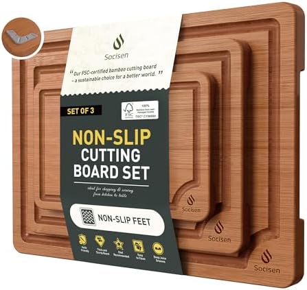 3 Packs Bamboo Cutting Board Set with Non Slip Feet and Over Sink Nice Solid Thick Wood Juice Groove Chopping Board Extra Large Big Small Best Hardwood Counter Organic Vegetable Kitchen Gadgets by Socisen
