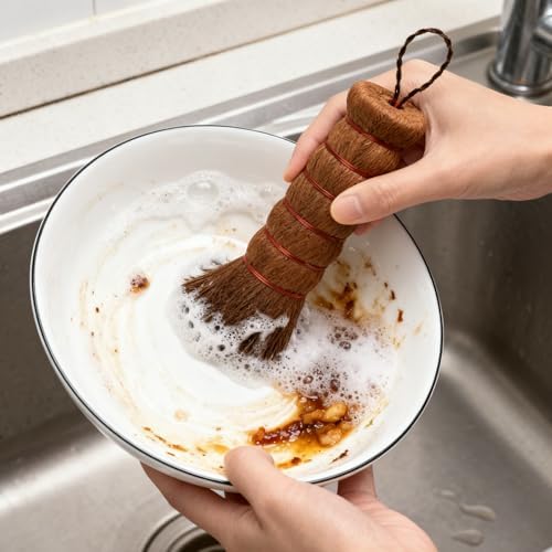 1 Pack Palm Dish Brush, Natural Palm Fiber Scrub Brush for Washing Dishes, Pots & Pans - Soft, Dense Bristles Non-Scratch, Hanging Loop for Easy Storage, Ideal for Kitchen Cleaning - Image 3