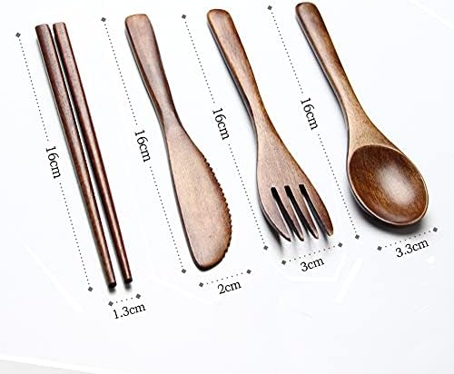 Portable Wooden Cutlery Set for Travel and Camping - 4 Piece Set With Reusable Wooden Spoon, Fork, Knife and Chopsticks - Image 2