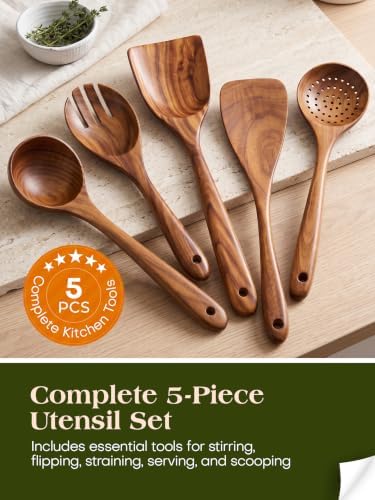 AIUHI Wood Utensils Set for Cooking, Teak Wooden Utensils Set Wood Spatula for Nonstick Cookware Kitchen Utensils Set 5 - Image 2