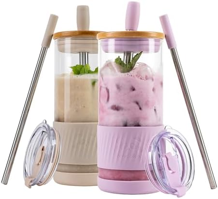 Pandaloo® Glass Cups With Lids and Straws -20 Fl Oz- Perfect Size Iced Coffee Cup - Smoothie Cup With Bamboo Lid and On the go Lid - Glass Tumbler (2 Count (Pack of 1), Lilac-Creamy Mushroom) by Pandaloo