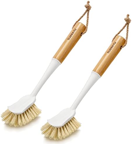 SUBEKYU Dish Brush with Bamboo Handle, Kitchen Dish Scrubber Built-in Scraper, Scrub Brush for Cleaning Pans/Pots/Sinks, Sisal Bristles, 2P by SUBEKYU