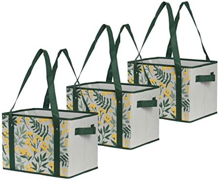 Reusable Grocery Bags Set Shopping Box with Reinforced Bottom Heavy Duty Premium Collapsible Foldable with Long Handles Storage Boxes Eco Friendly Bins Cubes Spring (Set of 3) by Earthwise