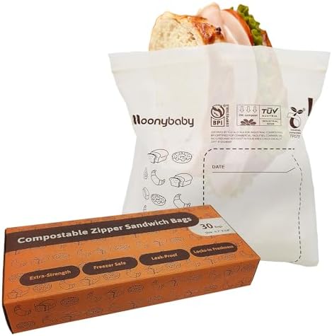 Moonybaby Compostable Sandwich Size Food Storage Bags (30 Count), Organic Food Storage Container with Food-Safe Zip Seal, Freezer and Leak Proof by Moonybabymonitor