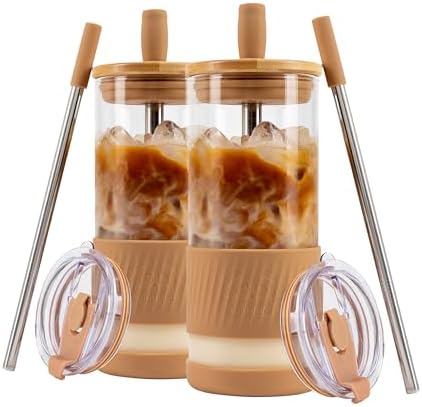 Pandaloo® Glass Cups With Lids and Straws -20 Fl Oz- Perfect Size Iced Coffee Cup - Smoothie Cup With Bamboo Lid and On the go Lid - Glass Tumbler With Straw (2 Count (Pack of 1), Amber Sand) by Pandaloo