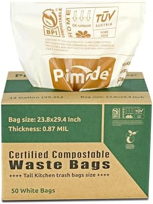 Compostable Bags, 13 Gallon Food Scraps Yard Waste Bags, 50 Count, Extra Thick 0.87 Mil. ASTMD6400 Compost Bags Small Kitchen Trash Bags, Certified By BPI And TÜV AUSTRIA by Primode