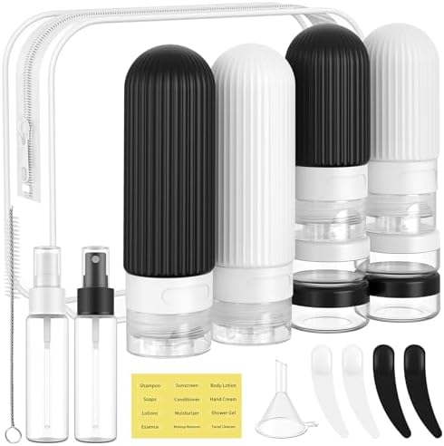 ME.FAN Travel Bottles for Toiletries,18 Pack Silicone Portable Size Bottle, TSA Approved Refillable Cosmetic Container Kits for Conditioner, Shampoo, Lotion,Face Cream - Black/White by MEFAN