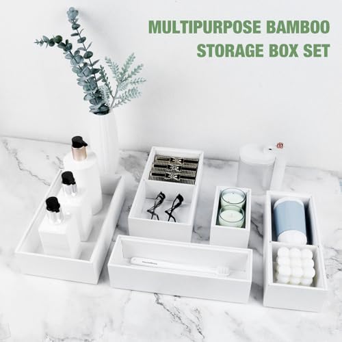 Bamboo Drawer Organizer,5 PCS White Bathroom Tray&Desk Organizers and Storage,Cabinet Divider With Removable Silverware Organization for Kitchen,Utensils,Junk,Office,Makeup - Image 6