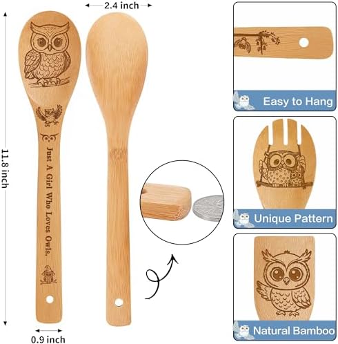 Owl Kitchen Decor Bamboo Wooden Spoons With Utensil Holder,Owl Kitchen Accessories for Cooking-Home Decorations Gifts for Women-Housewarming,Birthday,Mothers Day(6PCS） (Owl) - Image 2
