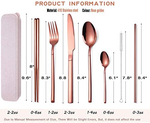 AARAINBOW 7 Pieces Stainless Steel Flatware Set Portable Reusable Cutlery Set Travel Utensils Set Including Chopsticks Knife Fork Spoon Straws Cleaning Brush Dishwasher Safe (Rose golden) - Image 2