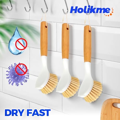 Holikme 3 Pack Dish Brush with Bamboo Handle Cleaning Brush,Yellow - Image 5