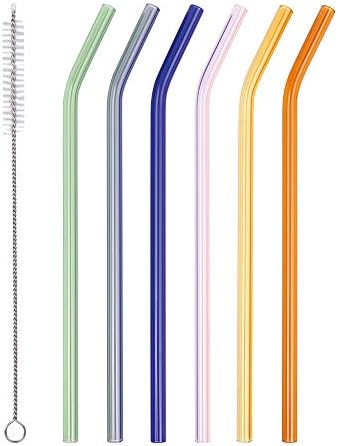 Reusable Glass Straws - 9" L x 8 mm W - Smoothie Drinking Straws for Smoothie, Milkshakes, Pack of 6 with 1 Cleaning Brush (mix1) by AMZSOCKETS