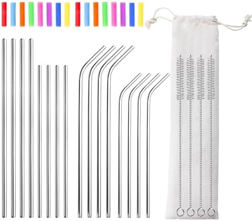 Lazycorner 16 Pcs Metal Straw Reusable 8.5" 10.5" 6mm Stainless Steel Straws for Tumblers 20oz-32oz, Silver Drinking Straws with Silicone Tips, 4 Straw Cleaner Brush, 1 Travel Case by Lazycorner