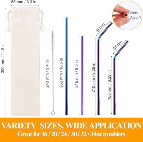 Lazycorner 16 Pcs Metal Straw Reusable 8.5" 10.5" 6mm Stainless Steel Straws for Tumblers 20oz-32oz, Rainbow Drinking Straws with Silicone Tips, 4 Straw Cleaner Brush, 1 Travel Case - Image 2