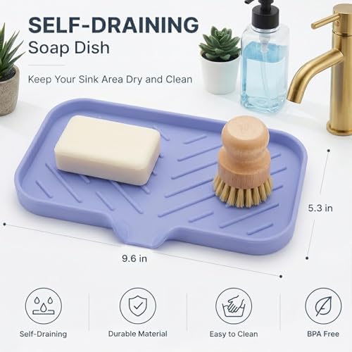 MicoYang Silicone Soap Dish with Drain Spout — Self-Draining Sink Organizer Tray for Bathroom & Kitchen, Sponges, Dispensers & Soap Holder, Non-Slip & Dishwasher Safe, Light Purple (Medium, 9.6"×5.3") - Image 2