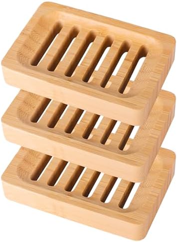 Bamboo Soap Dish Self-Draining Non-Slip Soap Saver - Wooden Trays for Bar Soap - Kitchen, Shower, Bathroom - 3 Pack by BONUMVITA