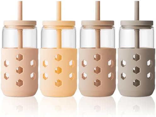 Mrsdry 16 oz Glass Cups with Lids and Straws for Gift, 4-Pack, Apricot by Mrsdry