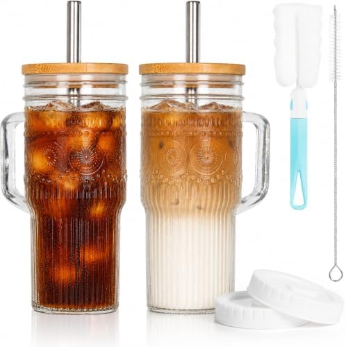 JunVpic Glass Tumbler, 24 oz Ice Coffee Cups with Bamboo Lid and Handle by Junvpic