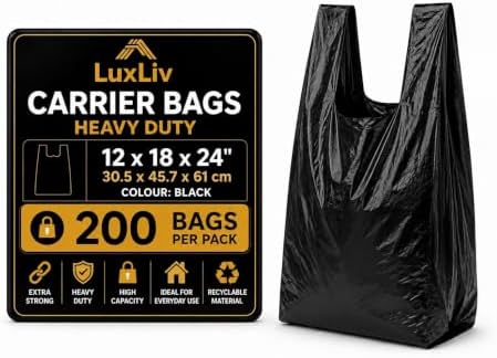 Heavy Duty Black Plastic Shopping Bags with Handles, T-Shirt Grocery Carrier, 12 x 18 x 24 Inch, HDPE for Retail, Convenience Stores and Takeout, 200 Count by LuxLiv