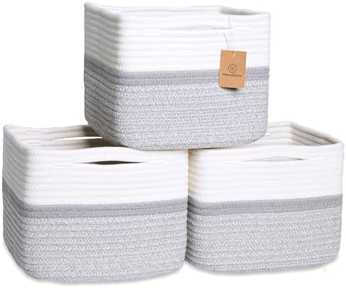 NaturalCozy Storage Cubes 9”x9”x7”Cotton Rope Woven Baskets for Organizing 3-Pack | 9 Inch Cube Storage Bin | Small Basket for Shelf Nursery, Pantry, Decorative Plant, Bathroom Closet, Toy Gift by NaturalCozy